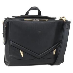 FENDI Monster Bugs Eye Hand Bag Leather 2way Black Gold Auth hk3297